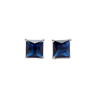 Blue Princess Cut Cubic Zirconia Solitaire Stud Earrings in Sterling Silver