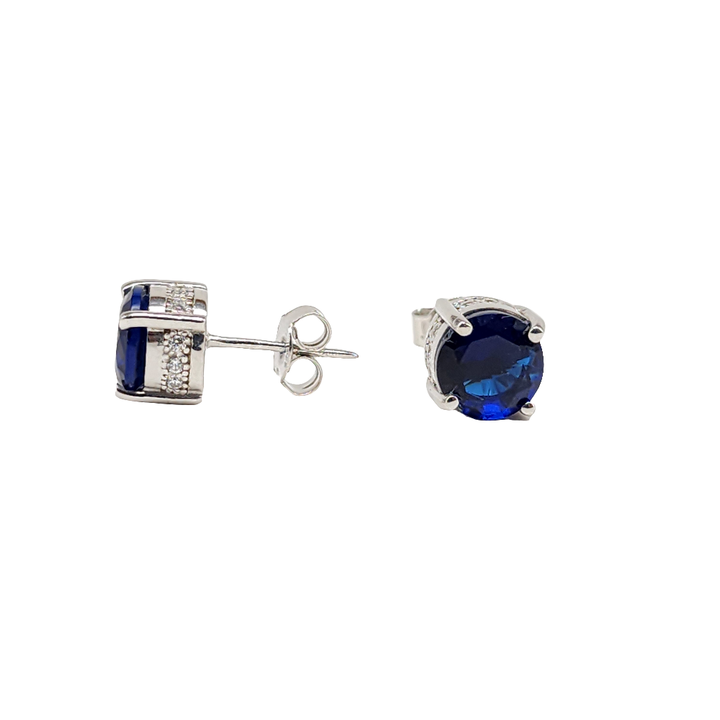 Blue Cubic Zirconia Solitaire Stud Earrings in 925 Sterling Silver