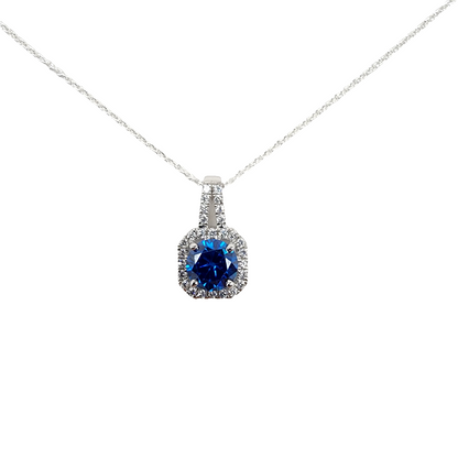 Round Cut Blue Stone with Square CZ Diamond Frame Pendant in Sterling Silver