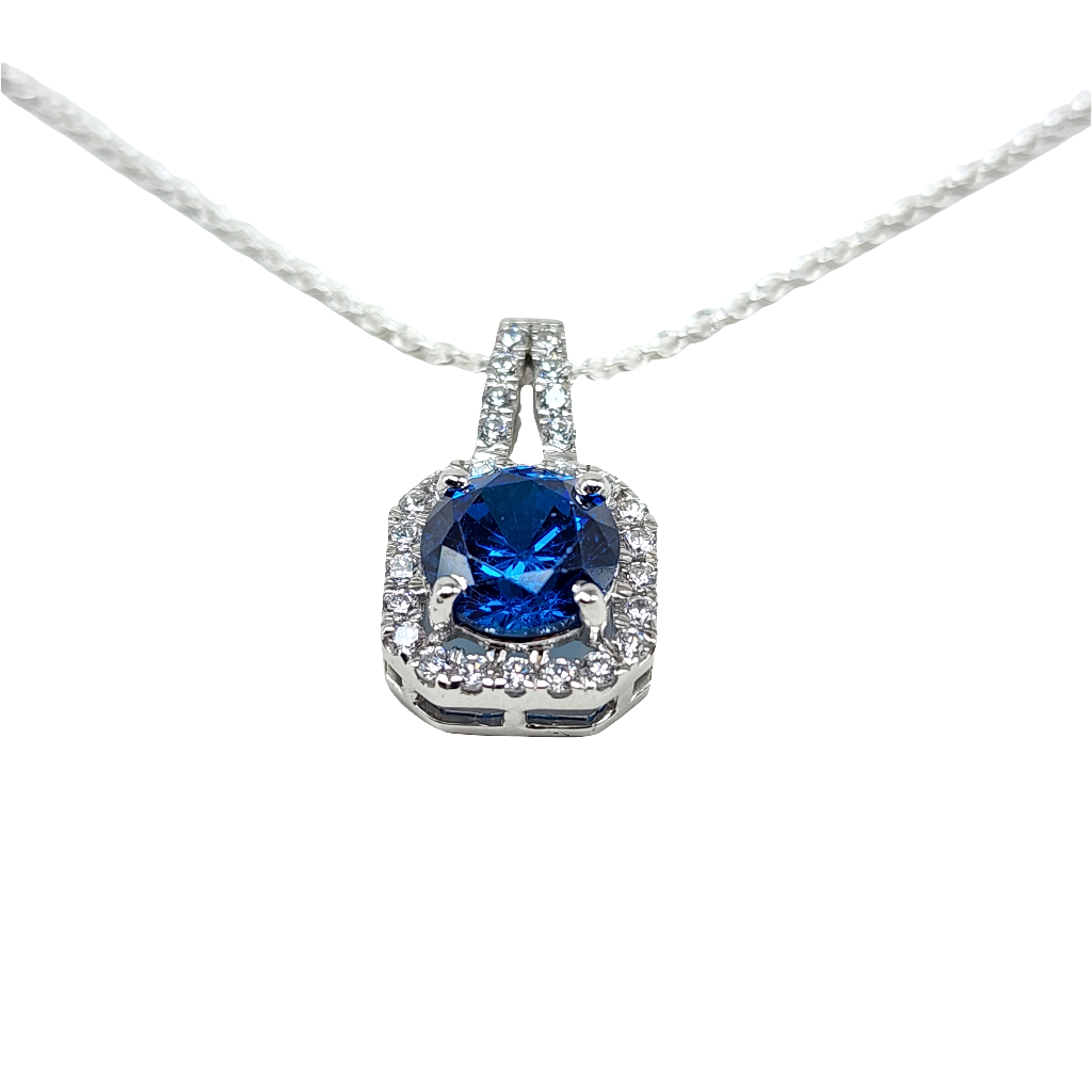 Round Cut Blue Stone with Square CZ Diamond Frame Pendant in Sterling Silver