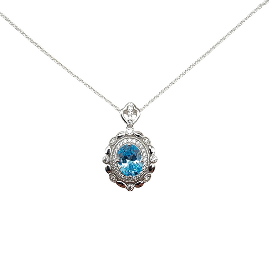 Cubic Zirconia Diamond Framed Sky Blue Oval Stone Pendant in Sterling Silver