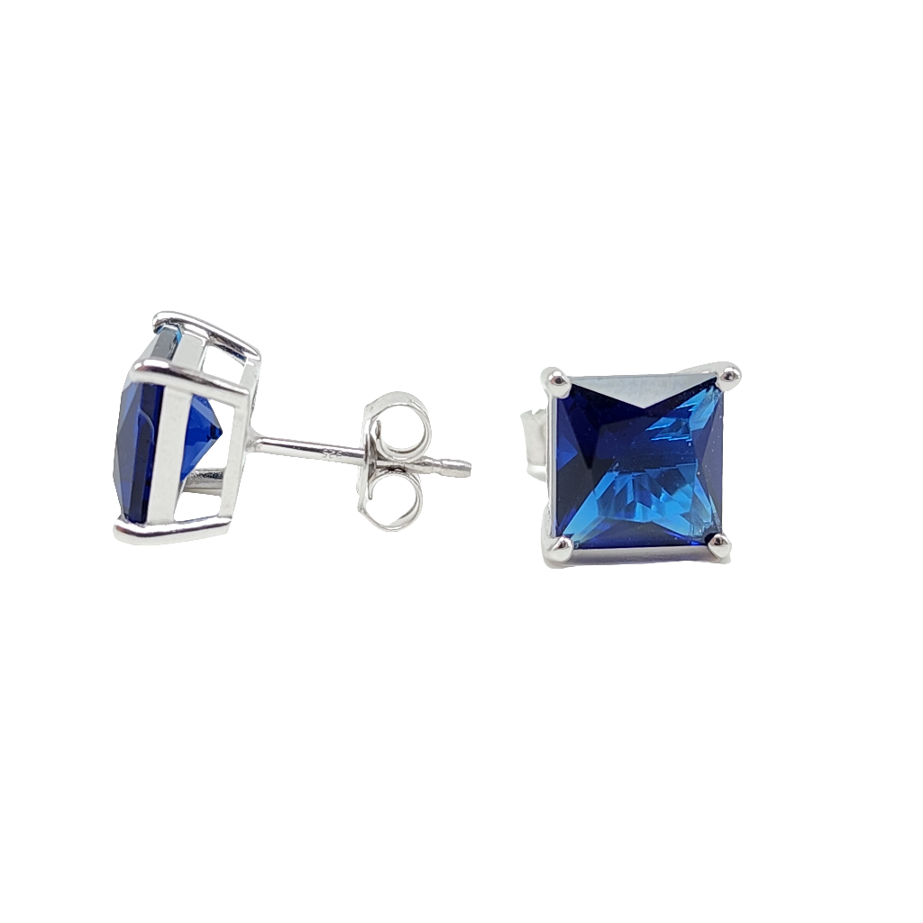 Blue Princess Cut Cubic Zirconia Solitaire Stud Earrings in Sterling Silver