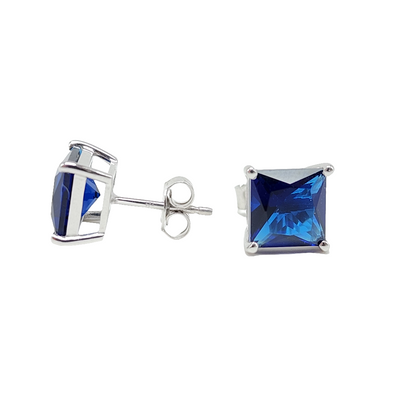 Blue Princess Cut Cubic Zirconia Solitaire Stud Earrings in Sterling Silver