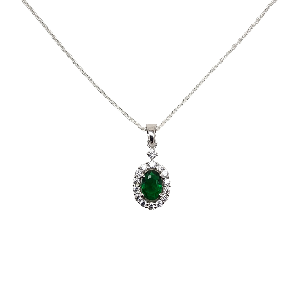 Oval Green Stone With Diamond Frame Pendant in Sterling Silver