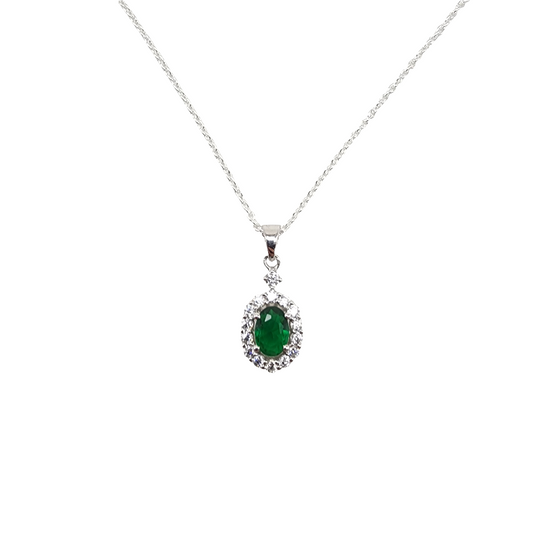 Oval Green Stone With Diamond Frame Pendant in Sterling Silver