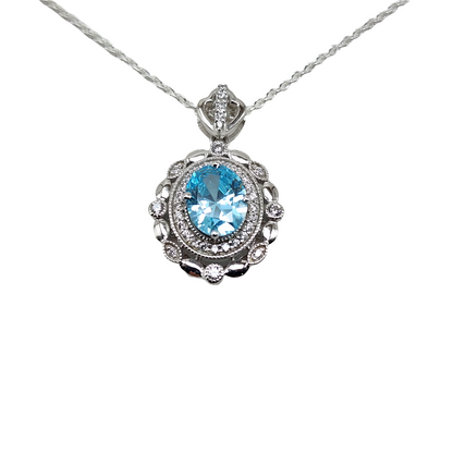 Cubic Zirconia Diamond Framed Sky Blue Oval Stone Pendant in Sterling Silver