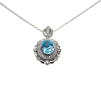 Cubic Zirconia Diamond Framed Sky Blue Oval Stone Pendant in Sterling Silver