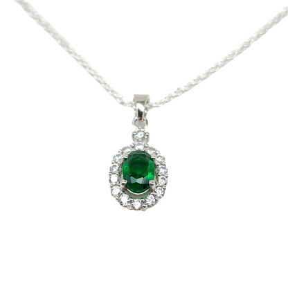 Oval Green Stone With Diamond Frame Pendant in Sterling Silver