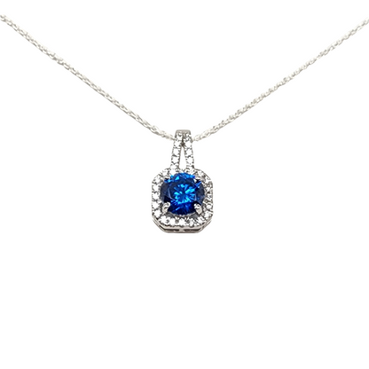 Round Cut Blue Stone with Square CZ Diamond Frame Pendant in Sterling Silver